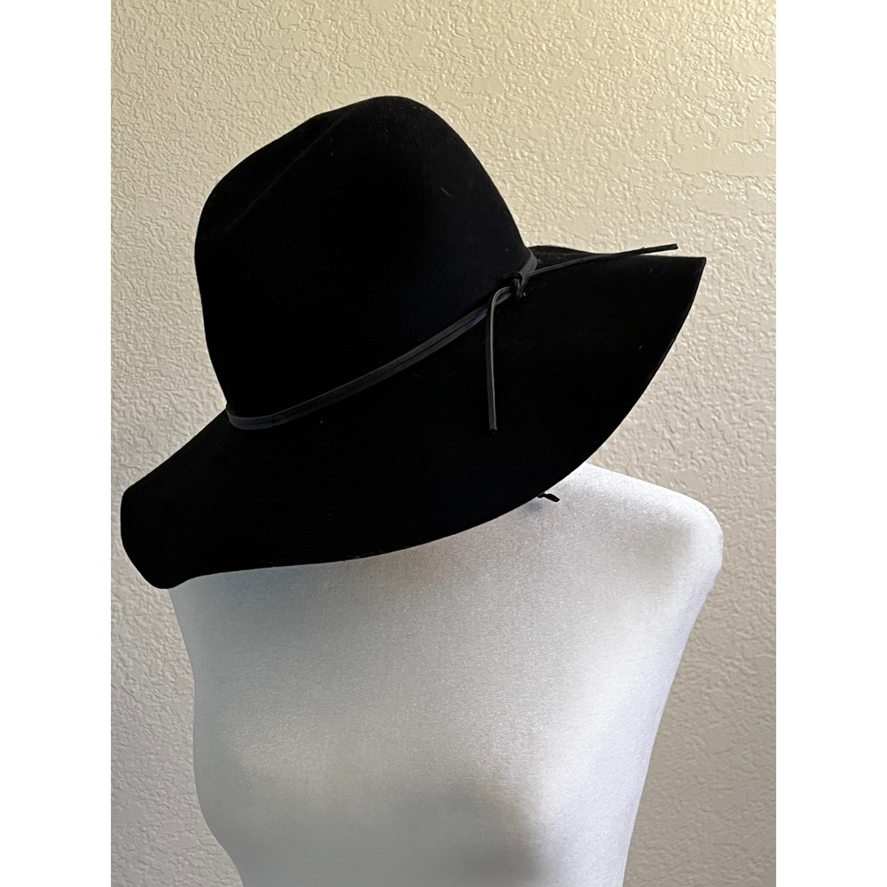 Phenix Black Wool Felt Floppy Wide Brim Hat with Faux Leather Band Detail